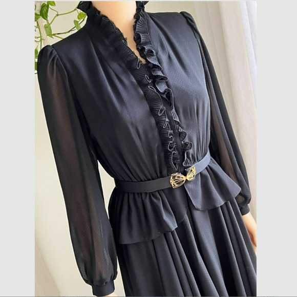 Japanese VINTAGE Goth Black LAMBALLE Long Sleeve Secretary Dress Small RARE - Picture 2 of 12